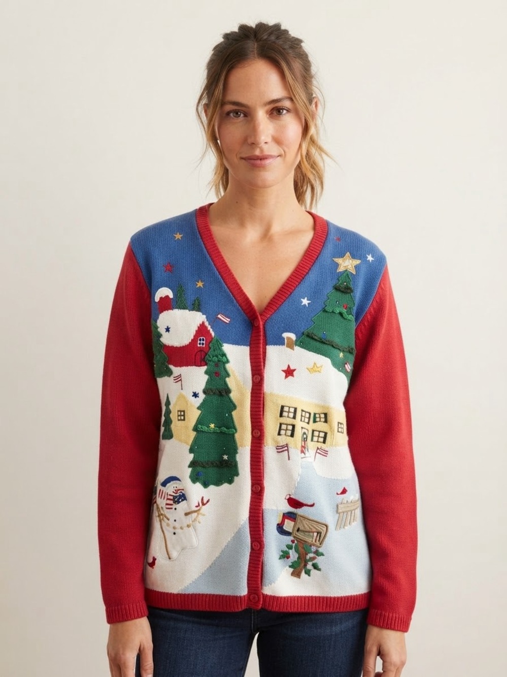 The Quacker Factory Sz M Ugly Christmas Embroidered Vintage Cardigan Sweater